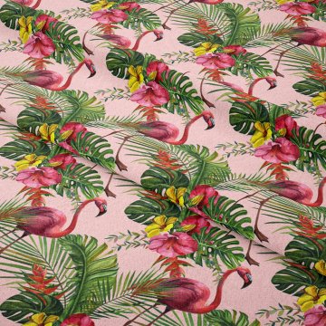 Tropikal Serisi-Devetabanı Yaprakları Arasında Pembe Flamingo Desenli Kumaş