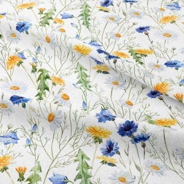 Mavi Sarı Kır Çiçekleri Desenli Kumaş