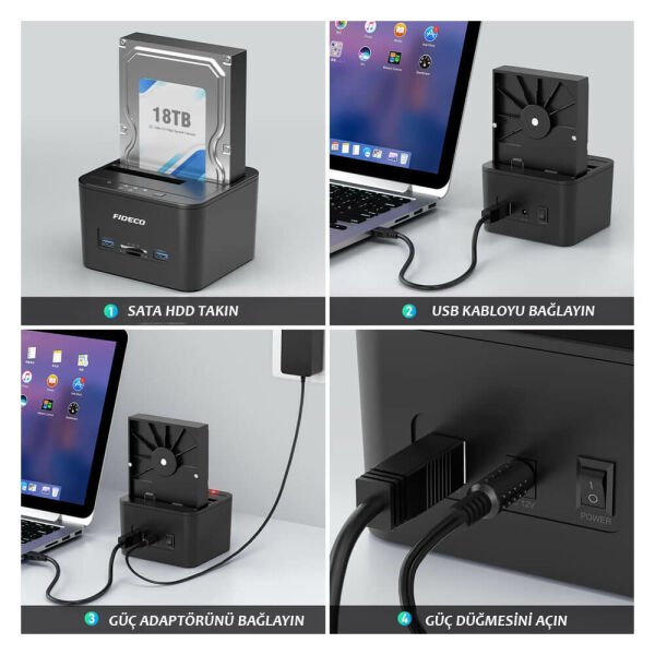 Fideco YPZ04-S2HC - 2.5'' 3.5'' Harddisk HDD SSD Docking Station Kopyalama Klonlama