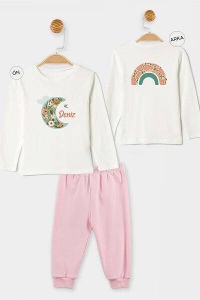 İsme Özel Organik Kız Bebek Pijama Takımı Çiçekli Ay ve Gökkuşağı