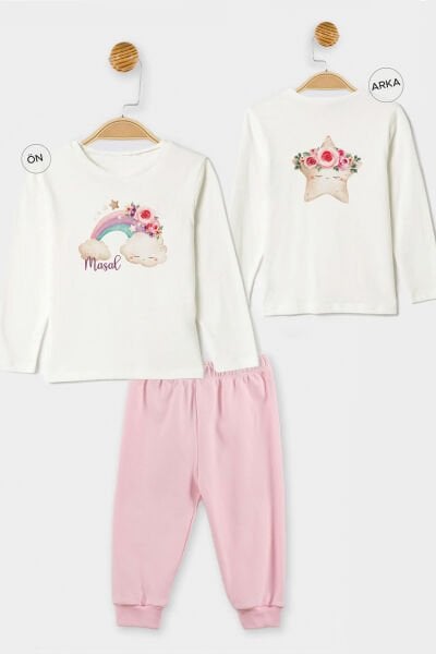 İsme Özel Organik Kız Bebek Pijama Takımı Yıldız ve Bulut