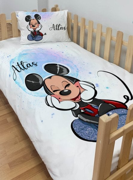 Kişiye Özel Montessori Mikro Saten Nevresim Seti Mickey