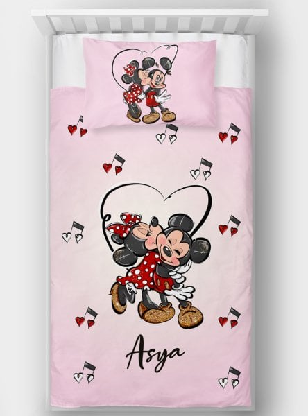 Kişiye Özel Tek Kişilik Yatak Örtüsü Minnie Mickey