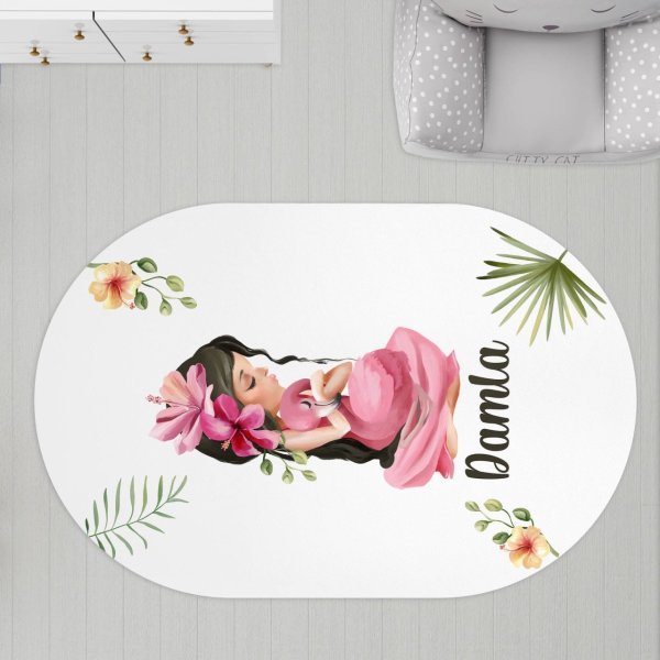 Oval Çocuk Odası Halısı Flamingolu Kız