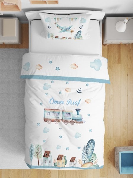 Double Sided Cotton Satin Duvet Cover Set Airplane and Train
