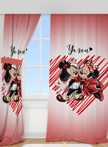 Kişiye Özel Baskılı Fon Perde Minnie ve Mickey Mouse