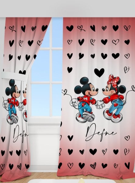 Kişiye Özel Baskılı Fon Perde Minnie ve Mickey Mouse