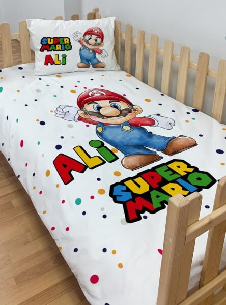 Kişiye Özel Montessori Mikro Saten Nevresim Seti Super Mario