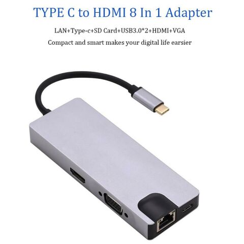 S-1609 Type-c 8in1 HDMI VGA USB LAN TF SD TYPE-C
