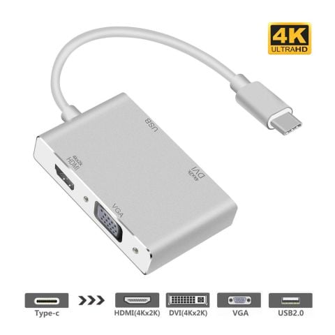 Type-c to VGA DVI HDMI USB Çevirici 4 in 1 Hub 4K