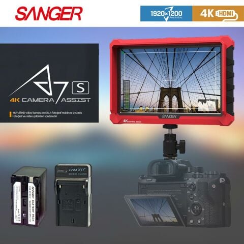Sanger A7S 7'' 4K IPS Kamera Monitörü + F970 Batarya + Şarj