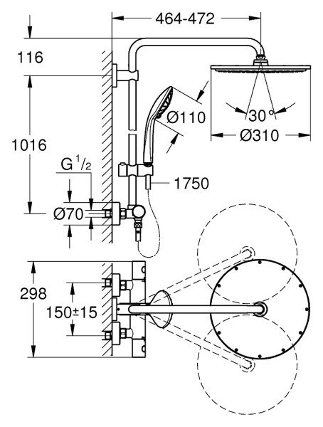 Grohe Euphoria System 310 Termostatik Bataryalı Duş Sistemi, Fırçalı Sert Grafit