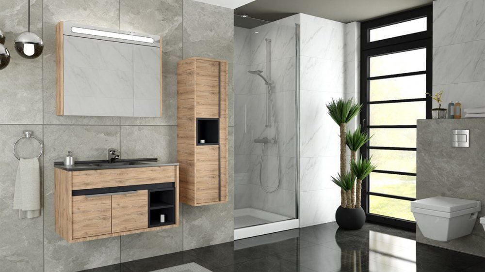 Aquanil Napoli 85 cm Dorado-Antrasit Siyah Lavabolu Banyo Dolabı