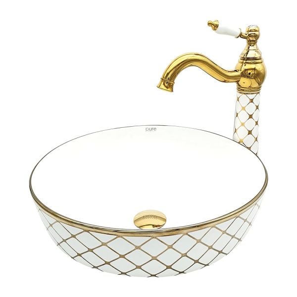 Pure  Çanak Lavabo 42 cm Geometrik Beyaz-Altın Sarı