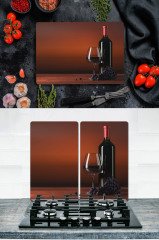 2' li Takım 30x52 cm ve 20x30 cm Üzüm Şarabı Desenli Cam Kesim Tablası ve Ocak Koruyucu