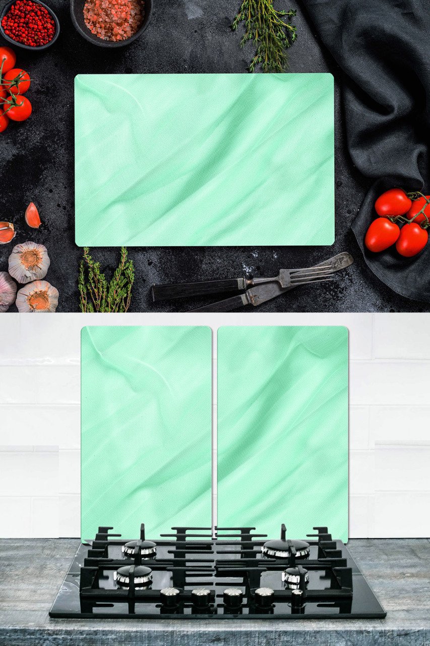 2' li Takım 30x52 cm ve 20x30 cm Su Yeşili Desenli Cam Kesim Tablası ve Ocak Koruyucu