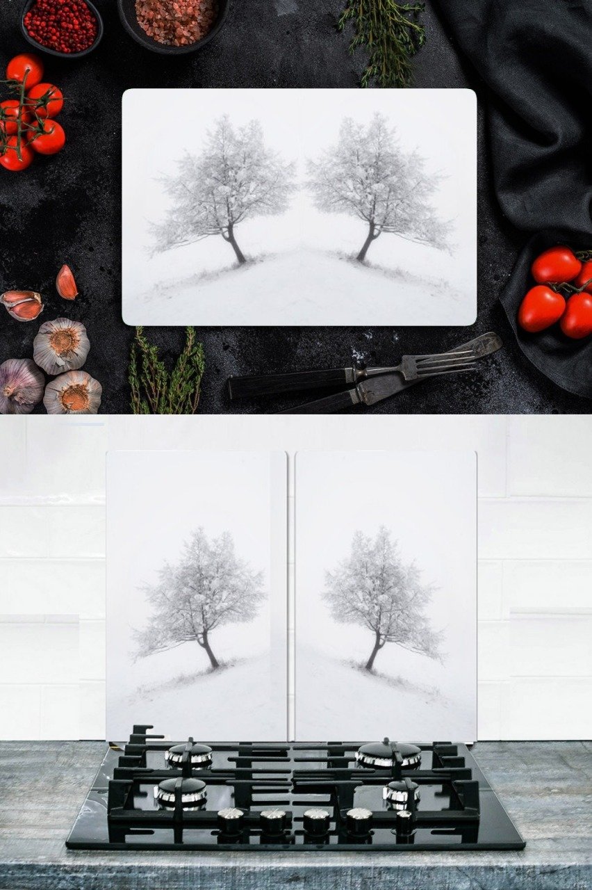 2' li Takım 30x52 cm ve 20x30 cm Kış Desenli Cam Kesim Tablası ve Ocak Koruyucu