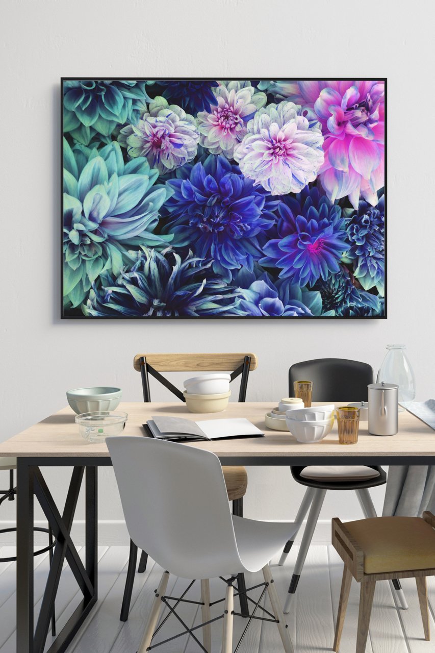 50x60 cm Mavi Bahar Çiçekleri Desenli 4 mm Temperli Cam Tablo