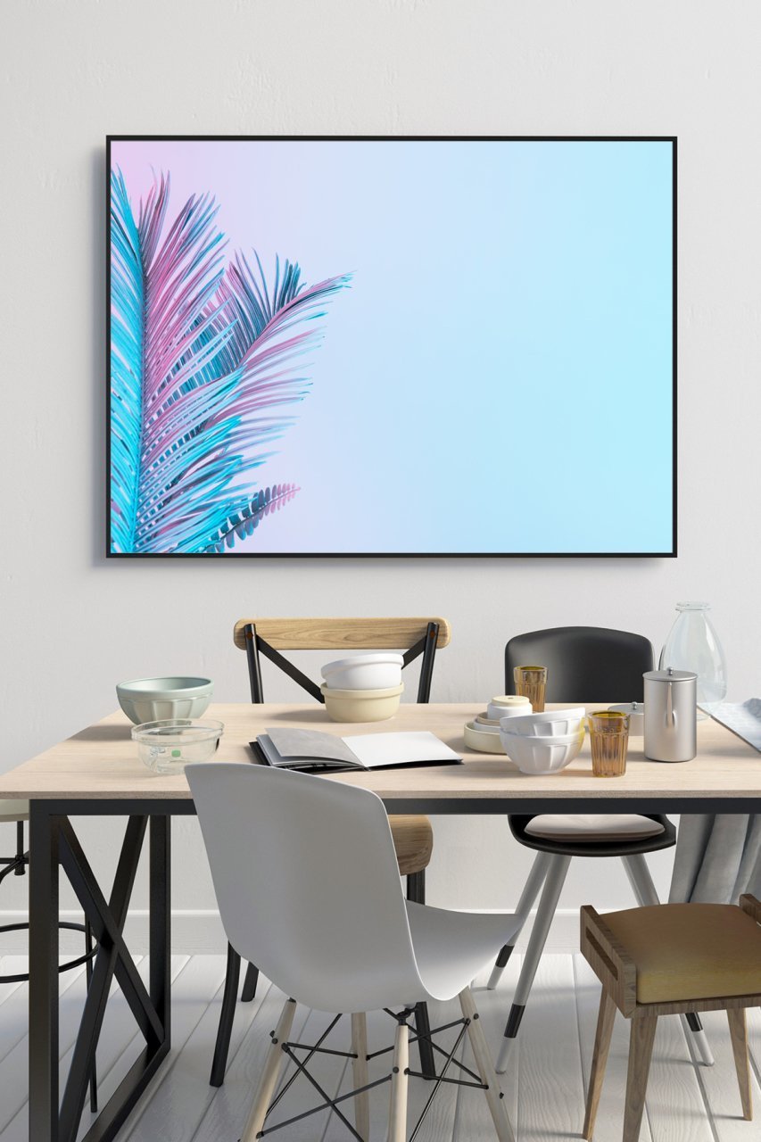 50x60 cm Mavi Palmiye Yaprağı Desenli 4 mm Temperli Cam Tablo
