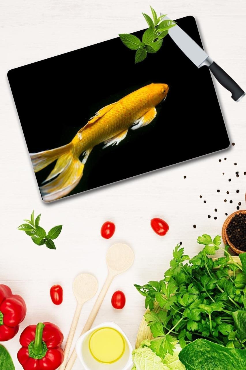 20x30 cm Sarı Balık Desenli Cam Kesim Tablası