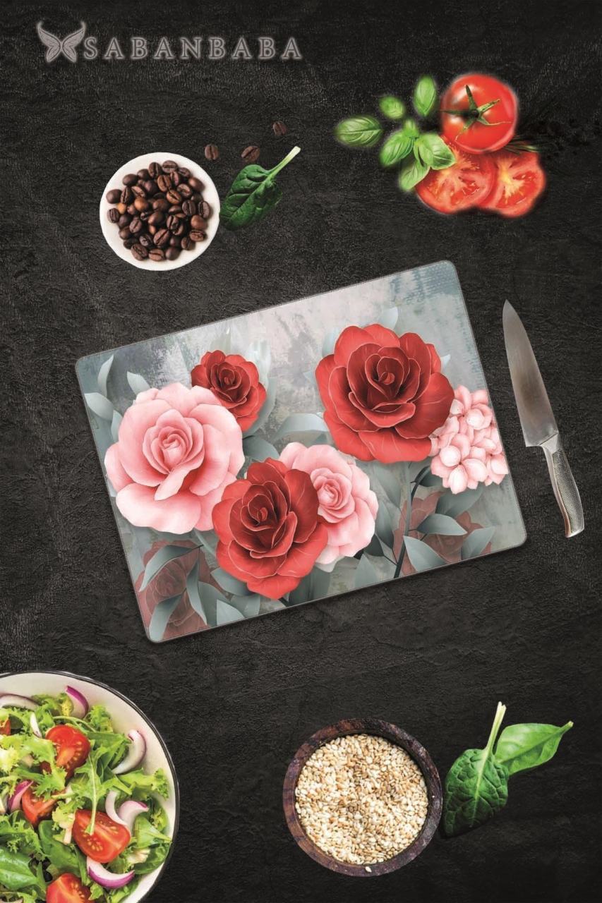 20x30 cm Kırmızı ve Pembe Güller Desenli Cam Kesim Tablası