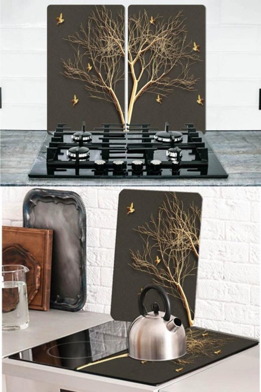 2' li Takım 30x52 cm ve 20x30 cm Altın Ağaç Desenli Cam Kesim Tablası ve Ocak Koruyucu