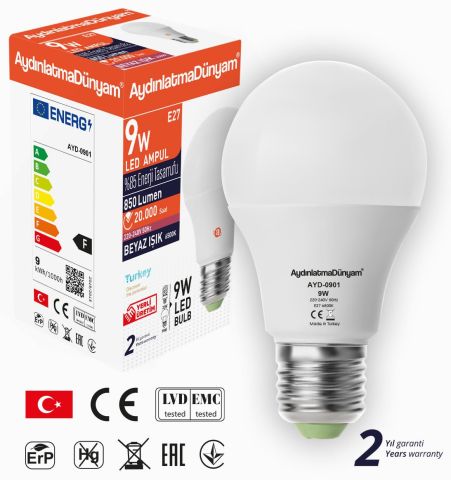 Aydınlatma Dünyam 9W Led Ampul E27 6500K Beyaz AYD-0901 Toptan