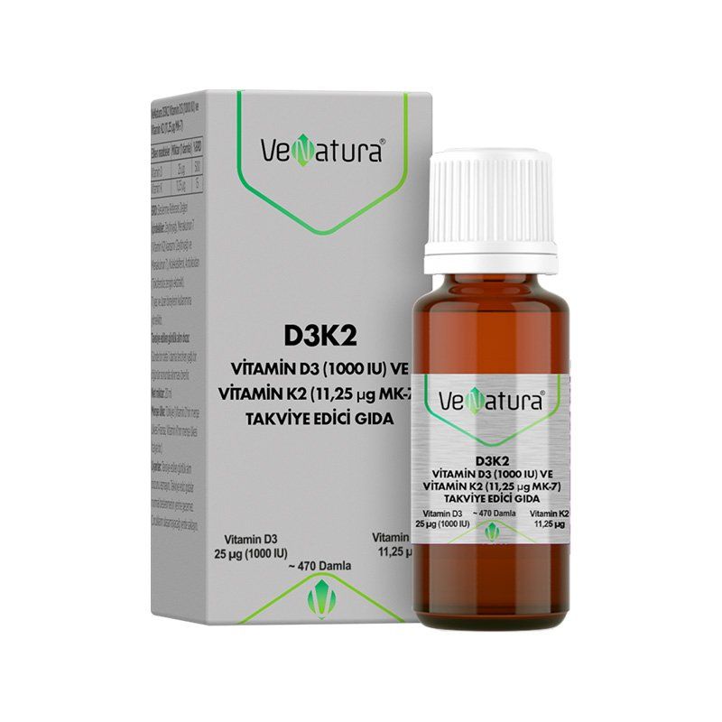 Venatura D3K2 Vitamin D3 1000 IU ve Vitamin K2 11,25 mcg MK-7 Takviye Edici Gıda 20 ML