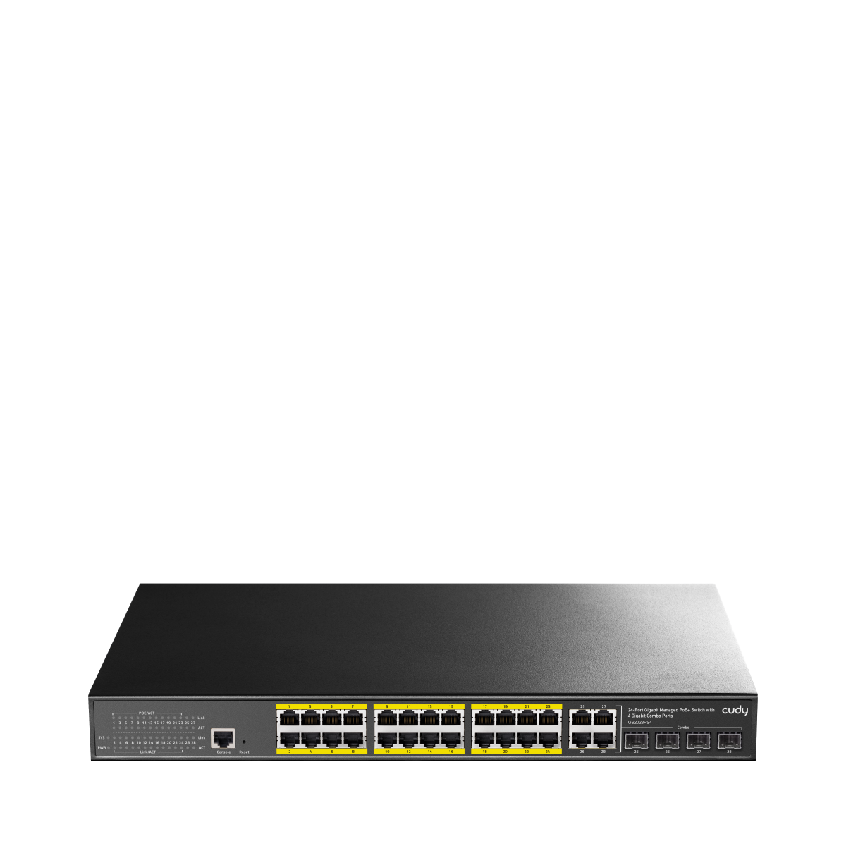 GS2028PS4-300W	24-Port Layer 2 Managed Gigabit PoE+ Switch with 4 Gigabit Combo Ports, 300W