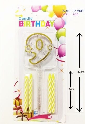 MİKA ŞEFFAF 9 RAKAM GOLD MUM 12CM PK:12 KL:600