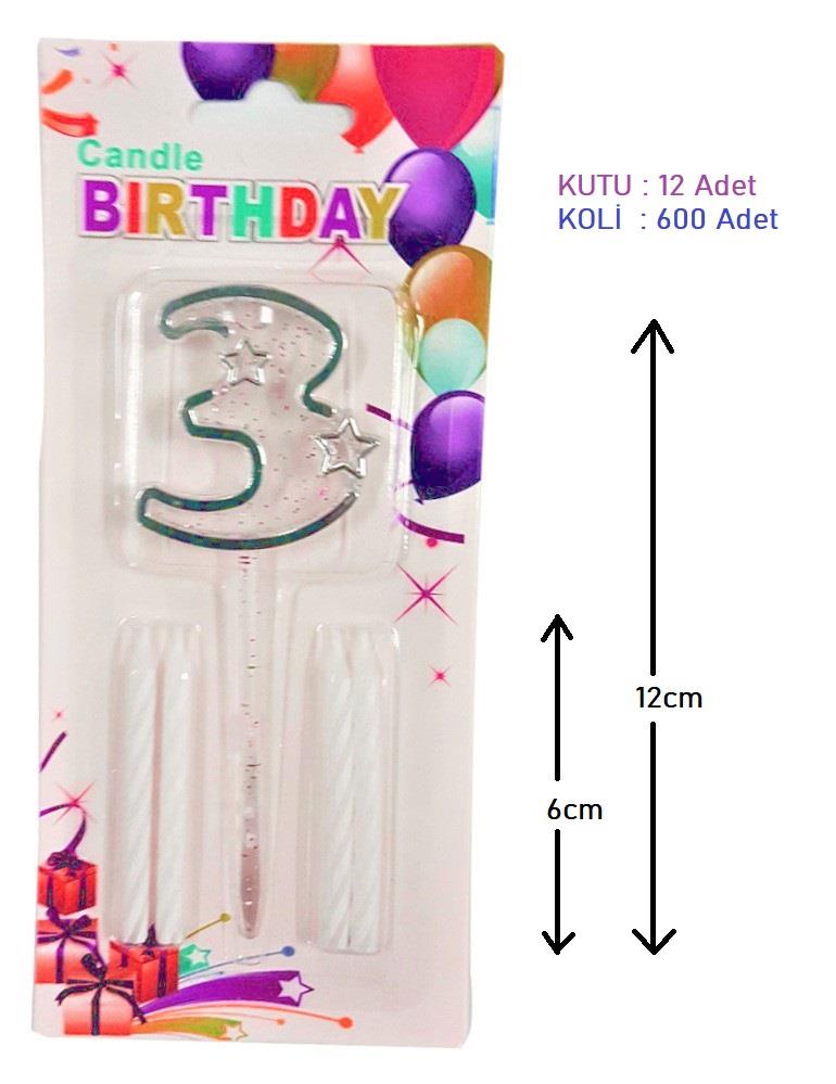 MİKA ŞEFFAF 3 RAKAM GÜMÜŞ MUM 12CM PK:12 KL:600