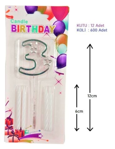 MİKA ŞEFFAF 3 RAKAM GÜMÜŞ MUM 12CM PK:12 KL:600