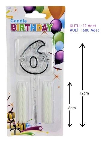 MİKA ŞEFFAF 6 RAKAM GÜMÜŞ MUM 12CM PK:12 KL:600