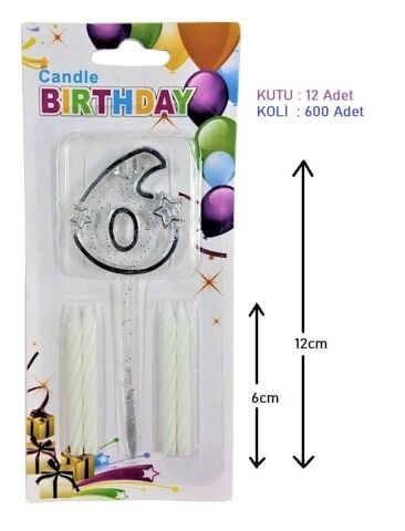 MİKA ŞEFFAF 6 RAKAM GÜMÜŞ MUM 12CM PK:12 KL:600