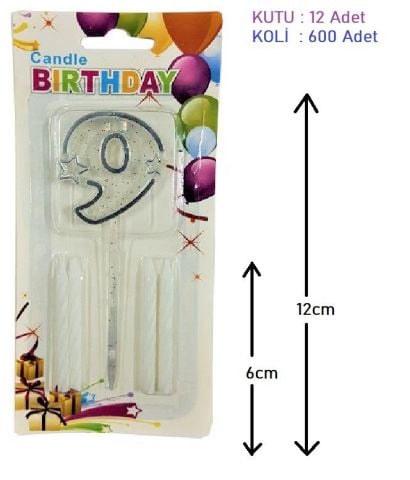 MİKA ŞEFFAF 9 RAKAM GÜMÜŞ MUM 12CM PK:12 KL:600