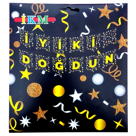 BÜYÜK BANNER İYİKİ DOĞDUN SİYAH ÜSTÜ GOLD UZAR YAZI