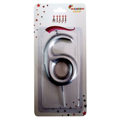 BÜYÜK BOY 6 RAKAM GÜMÜŞ  MUM 13cm PK:24 KL:600