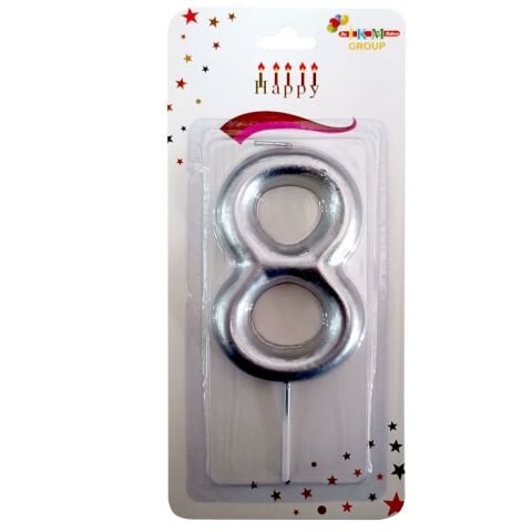 BÜYÜK BOY 8 RAKAM GÜMÜŞ  MUM 13cm PK:24 KL:600