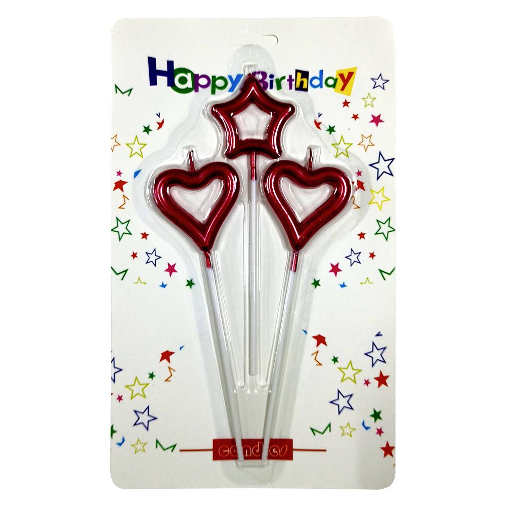 3 LÜ ÇUBUKLU ORTASI BOŞ 1 YILDIZ 2 KALP KIRMIZI MUM PK:24 KL:360