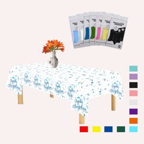 PLASTİK İYİKİ DOĞDUN BASKILI BEYAZ ÜSTÜ MAVİ BASKILI MASA ÖRTÜSÜ 120*180cm
