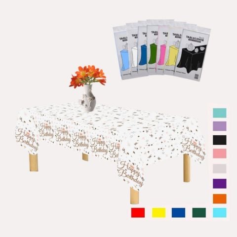 PLASTİK HAPPY BİRTHDAY BEYAZ ÜSTÜ GOLD BASKILI MASA ÖRTÜSÜ 120*180cm