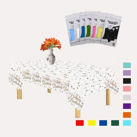PLASTİK HAPPY BİRTHDAY BEYAZ ÜSTÜ GOLD BASKILI MASA ÖRTÜSÜ 120*180cm