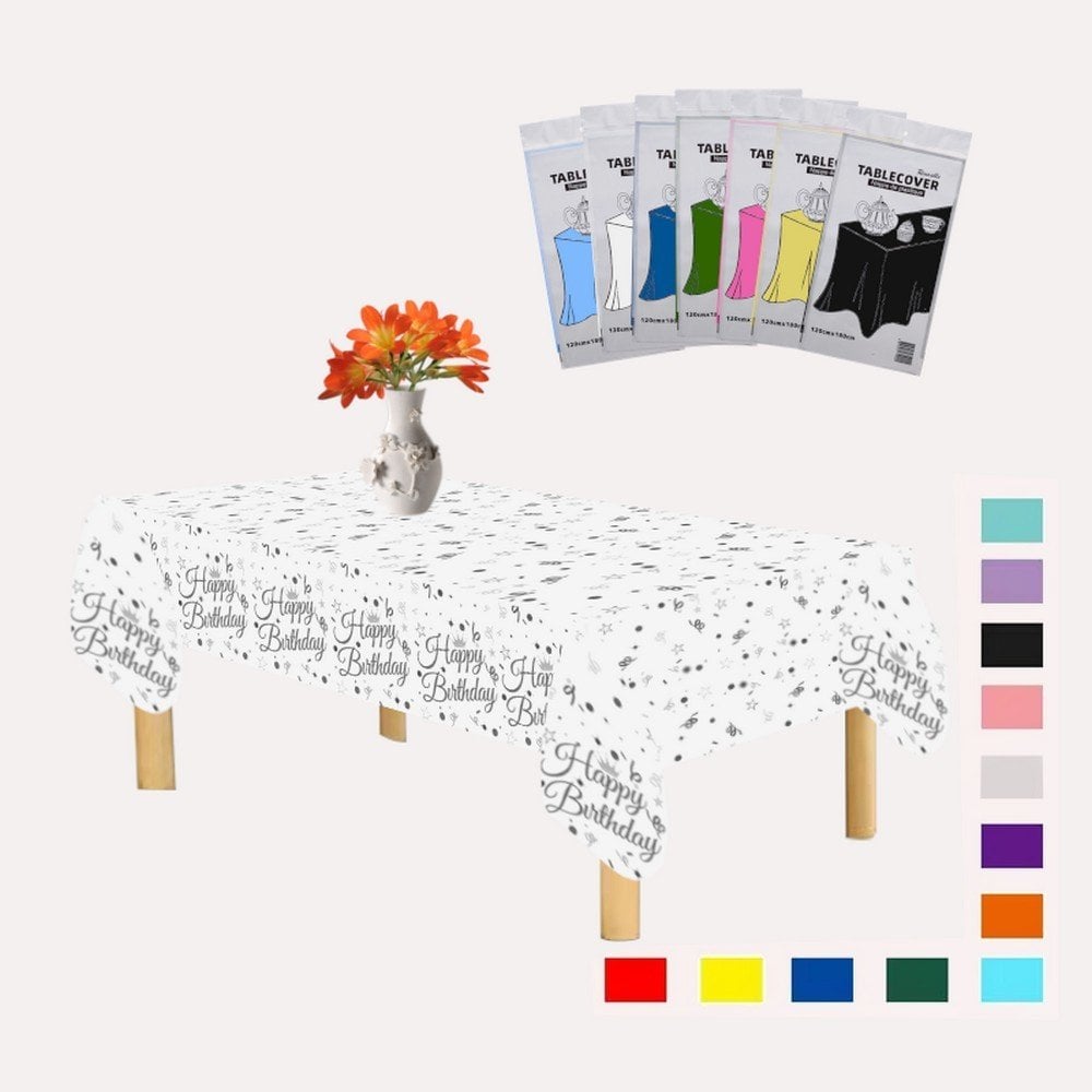 PLASTİK HAPPY BİRTHDAY BEYAZ ÜSTÜ GÜMÜŞ BASKILI MASA ÖRTÜSÜ 120*180cm