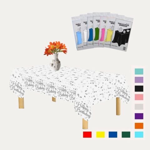PLASTİK HAPPY BİRTHDAY BEYAZ ÜSTÜ GÜMÜŞ BASKILI MASA ÖRTÜSÜ 120*180cm