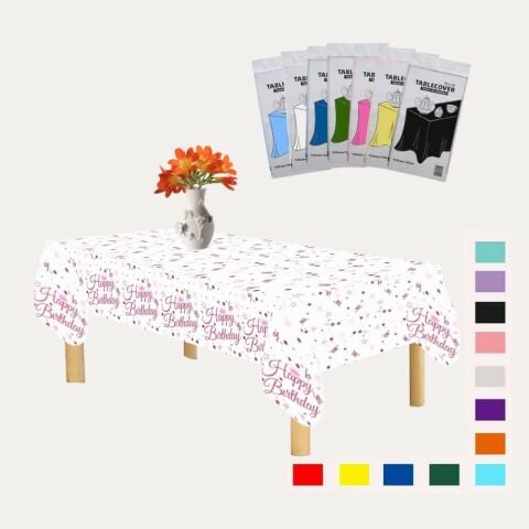 PLASTİK HAPPY BİRTHDAY BEYAZ ÜSTÜ PEMBE BASKILI MASA ÖRTÜSÜ 120*180cm