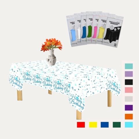 PLASTİK HAPPY BİRTHDAY BEYAZ ÜSTÜ MAVİ BASKILI MASA ÖRTÜSÜ 120*180cm