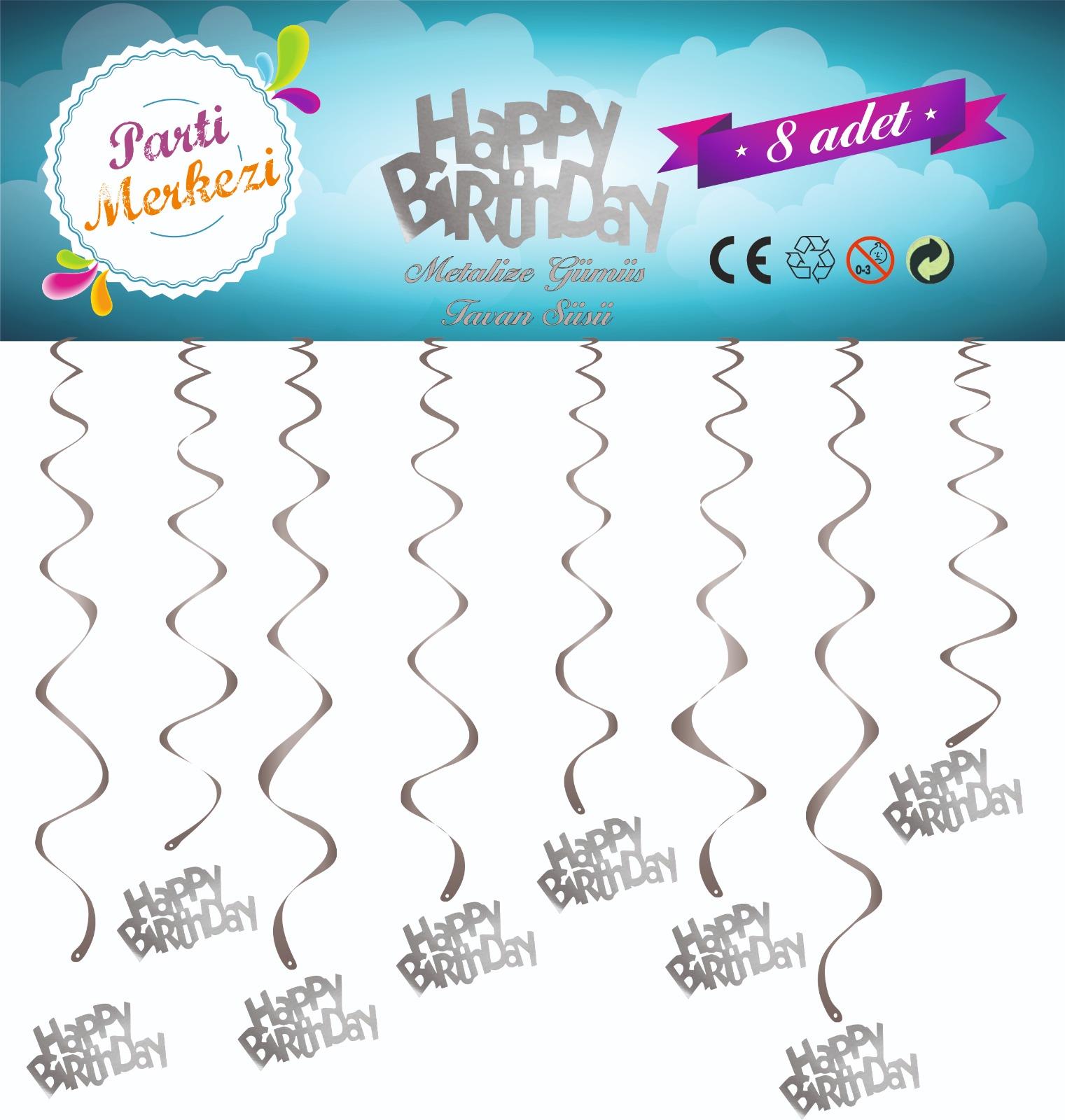 METALİZE GÜMÜŞ HAPPY BİRTHDAY TAVAN SÜSÜ