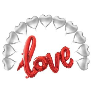 10 İNC GÜMÜŞ 11 KALPLİ LOVE KIRMIZI SET BALON