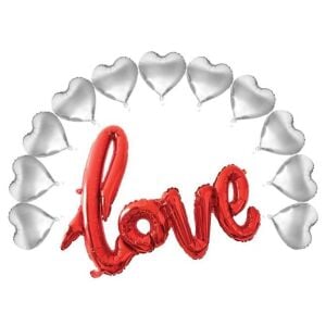 10 İNC GÜMÜŞ 11 KALPLİ LOVE KIRMIZI SET BALON