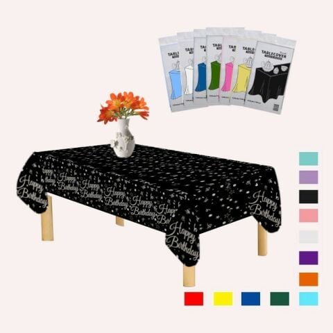 PLASTİK HAPPY BİRTHDAY SİYAH ÜSTÜ GÜMÜŞ BASKILI MASA ÖRTÜSÜ 120*180cm